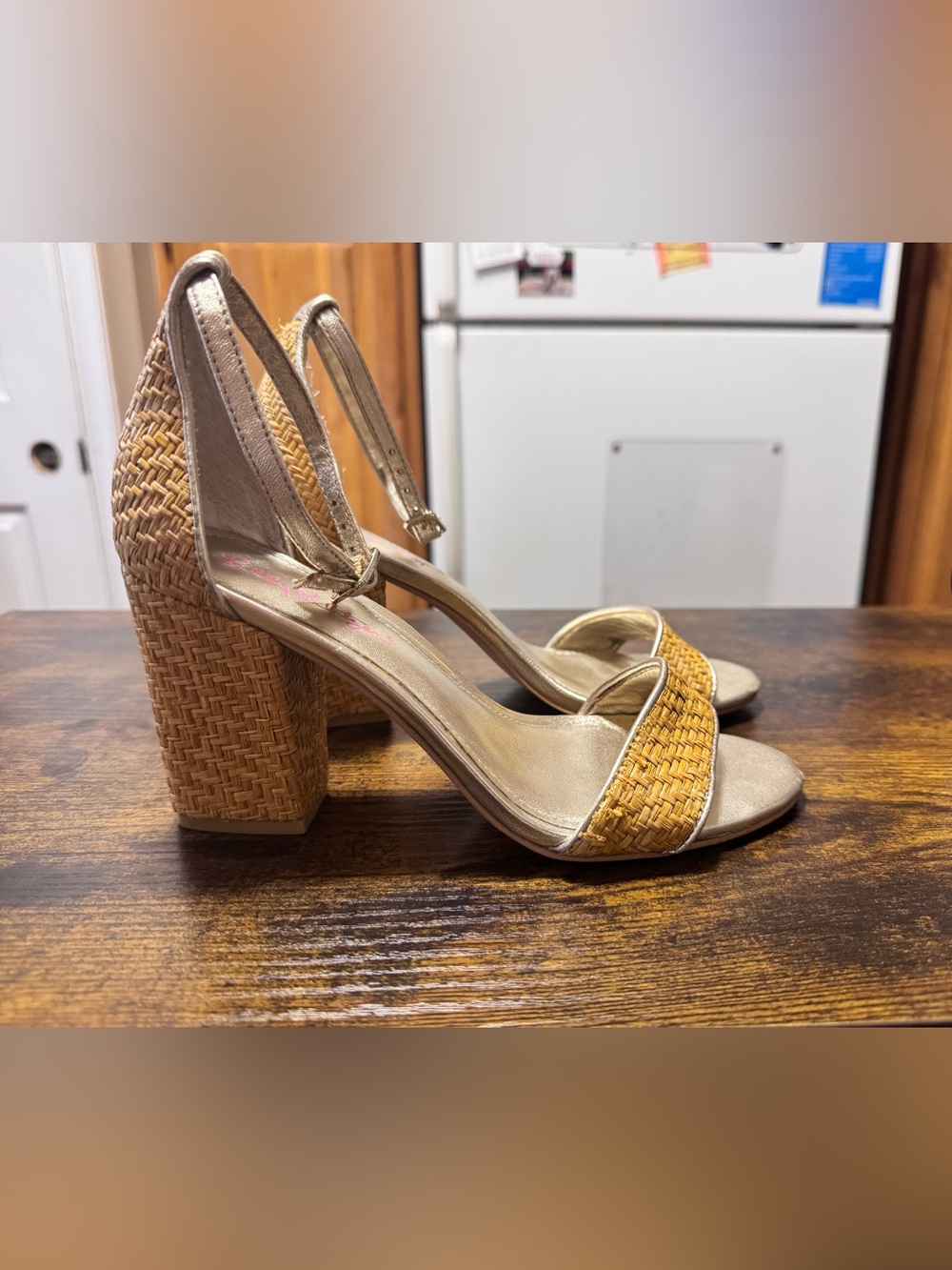 Lilly Pulitzer Gold Raffia Woven Block Heel Ankle Strap Sandals size 6.5